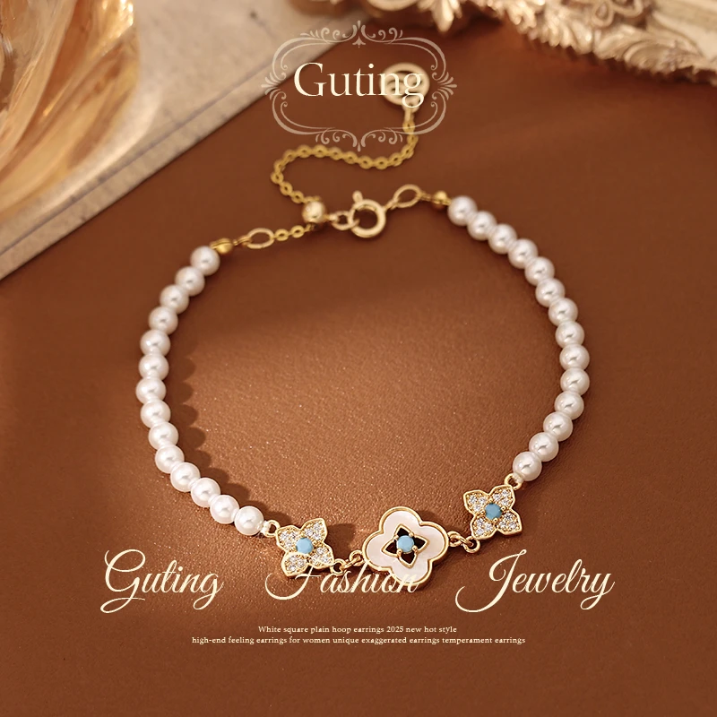 铜合金合成锆石手链 2889金色四叶草串珠手串女轻奢小众精致手链