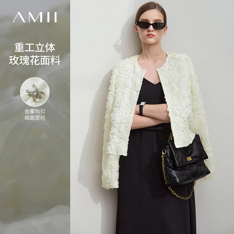 Amii优雅浪漫立体玫瑰花圆领钩扣短款外套女12521066