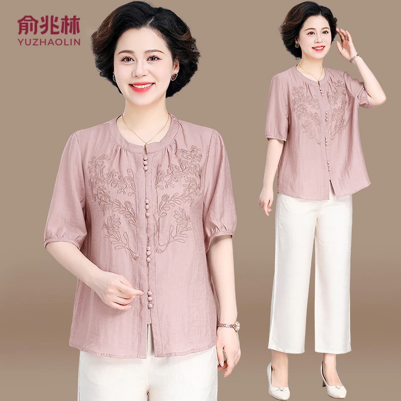 新中式妈妈夏装套装2025新款中老年女装国风衬衫夏季短袖棉麻上衣