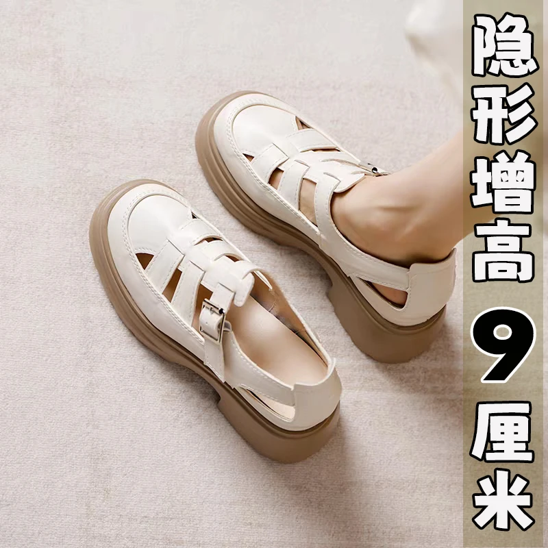 9CM包头罗马凉鞋女2025夏季镂空厚底粗跟内增高猪笼鞋复古洞洞鞋
