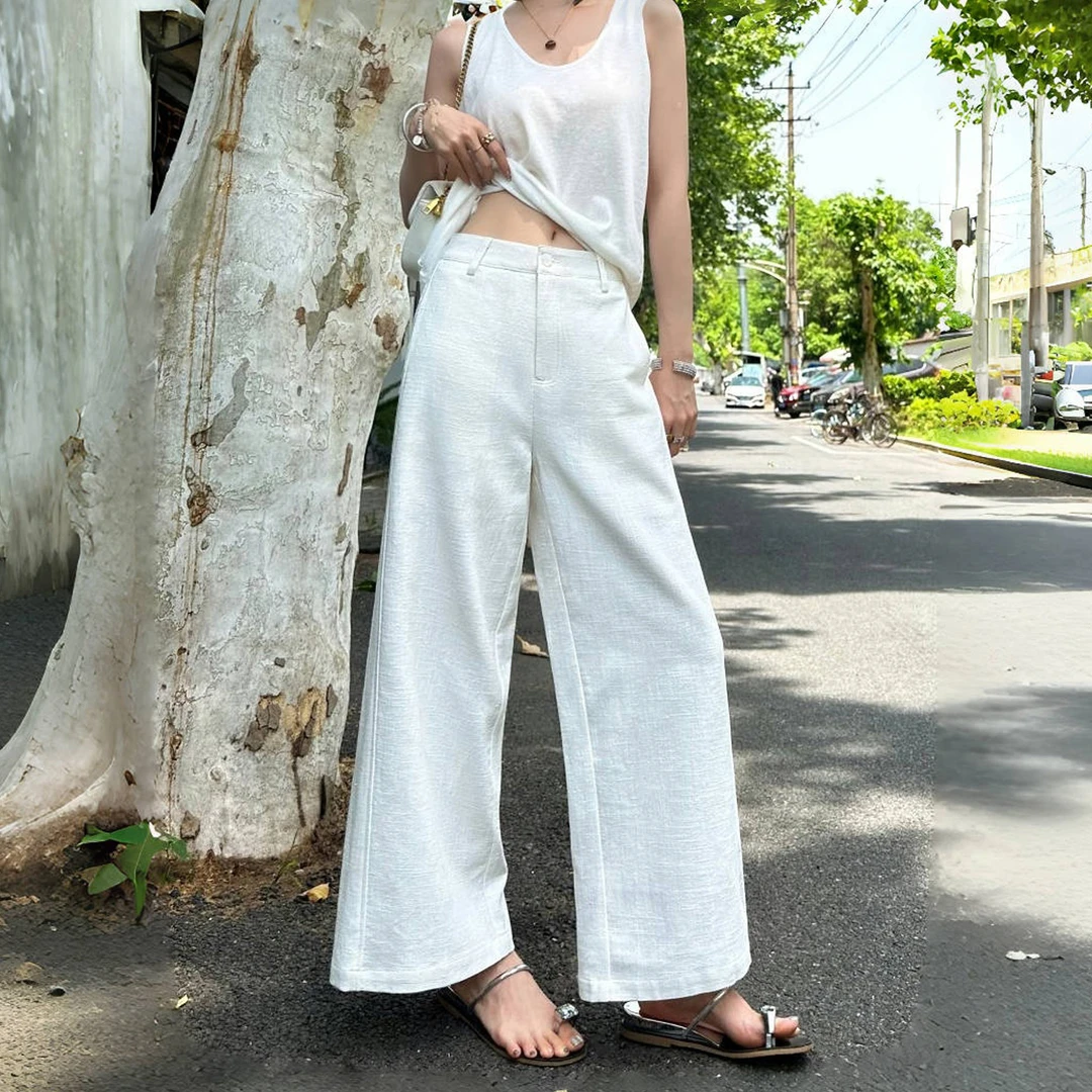白色亚麻苎麻阔腿裤女夏季薄款松驰感小个子休闲老钱风棉麻九分裤