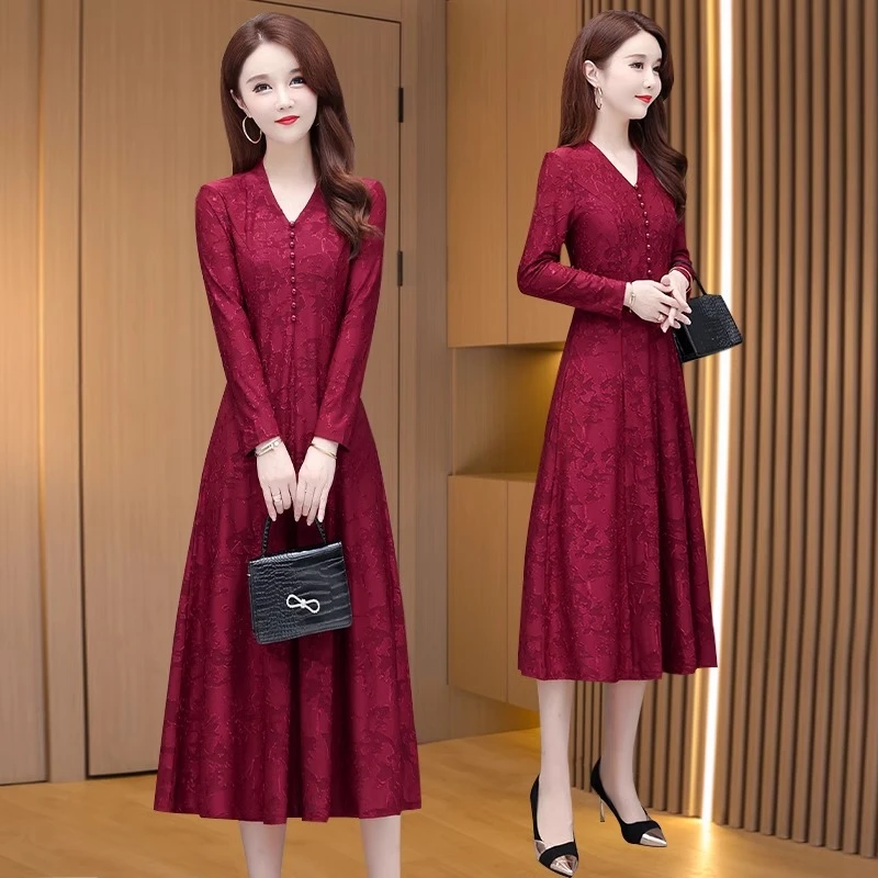 喜婆婆婚宴装年轻旗袍连衣裙2025新款女春秋长袖妈妈高贵红色礼服