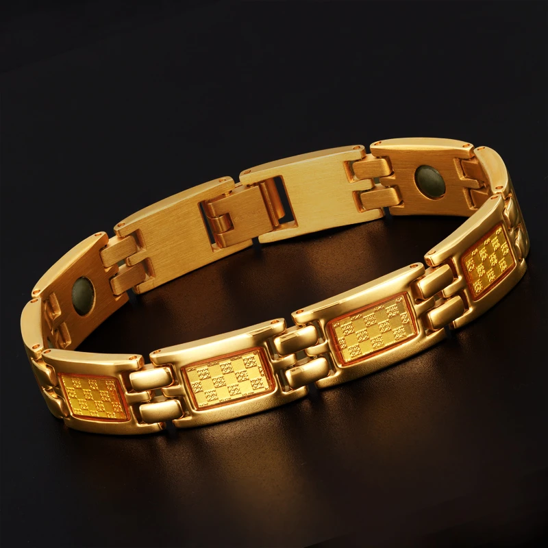 慕绅 钛钢磁石手链 防静电欧美复古时尚霸气金色男饰品轻奢不掉色