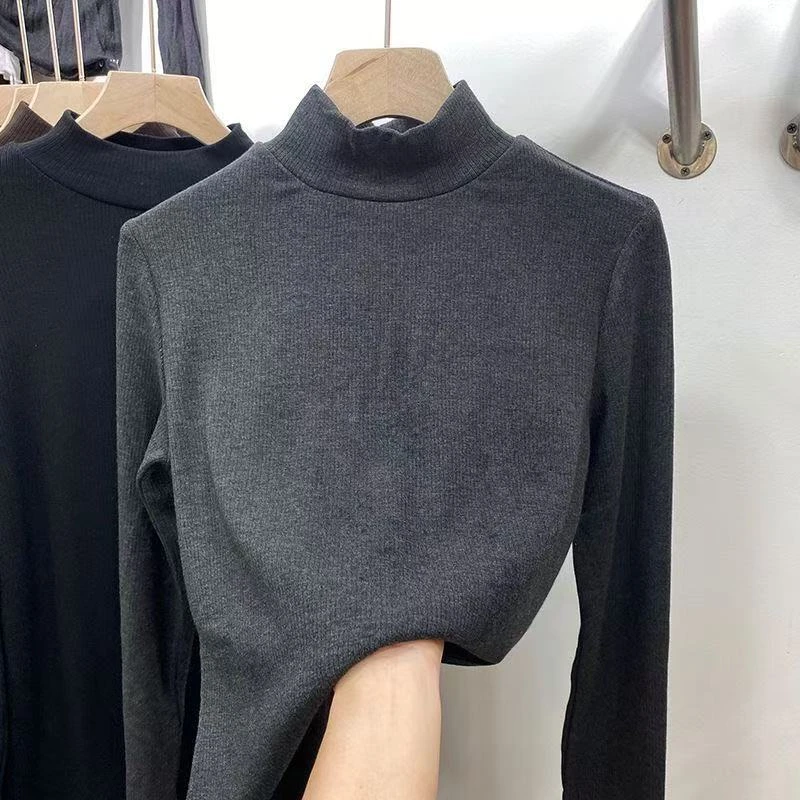 抓绒螺纹T恤女2025秋冬新款长袖保暖内搭