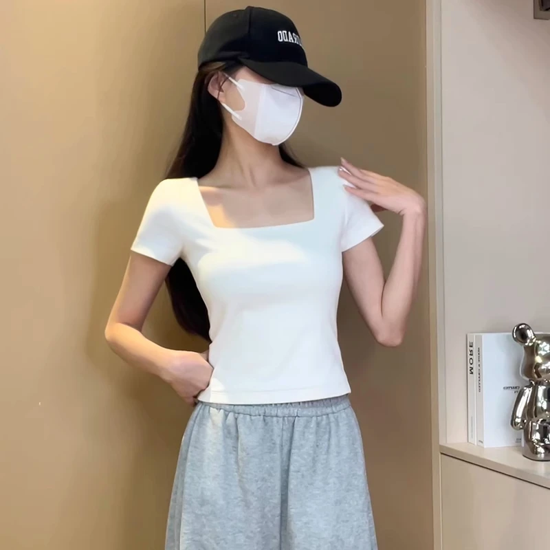 白色方领正肩短袖t恤女2025春夏新款辣妹内搭打底衫修身纯棉上衣