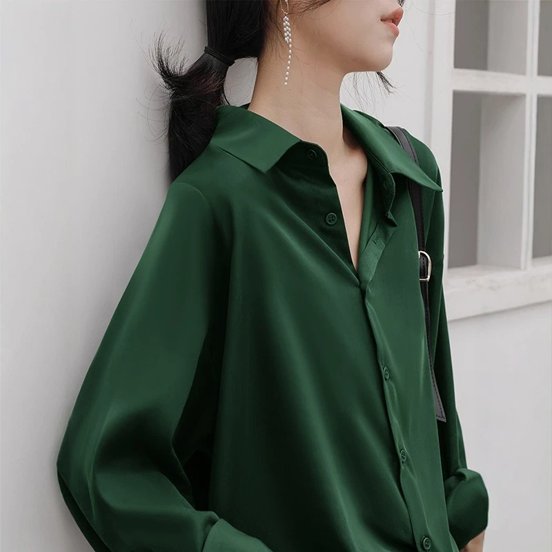 哥弟阿玛施正品墨绿色衬衫女春季2025新款高级感深蓝色长袖缎面宽