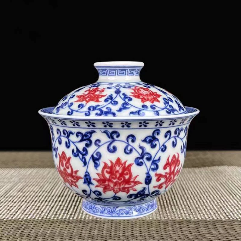 青花釉里红缠枝莲二才盖碗景德镇手工陶瓷家用可悬停不烫手泡茶碗