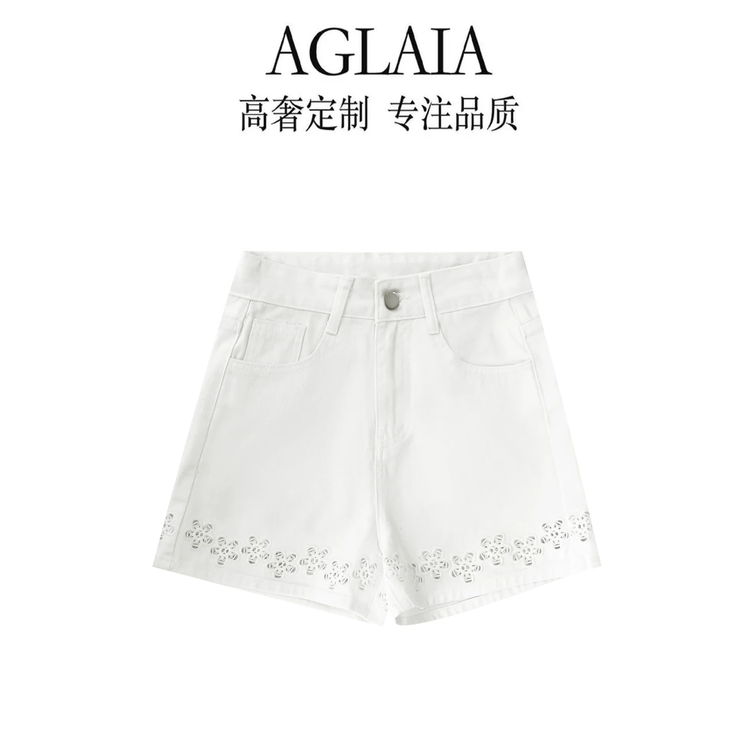 AGLAIA2025夏季优雅气质时尚镂空山茶花刺绣百搭牛仔短裤8013