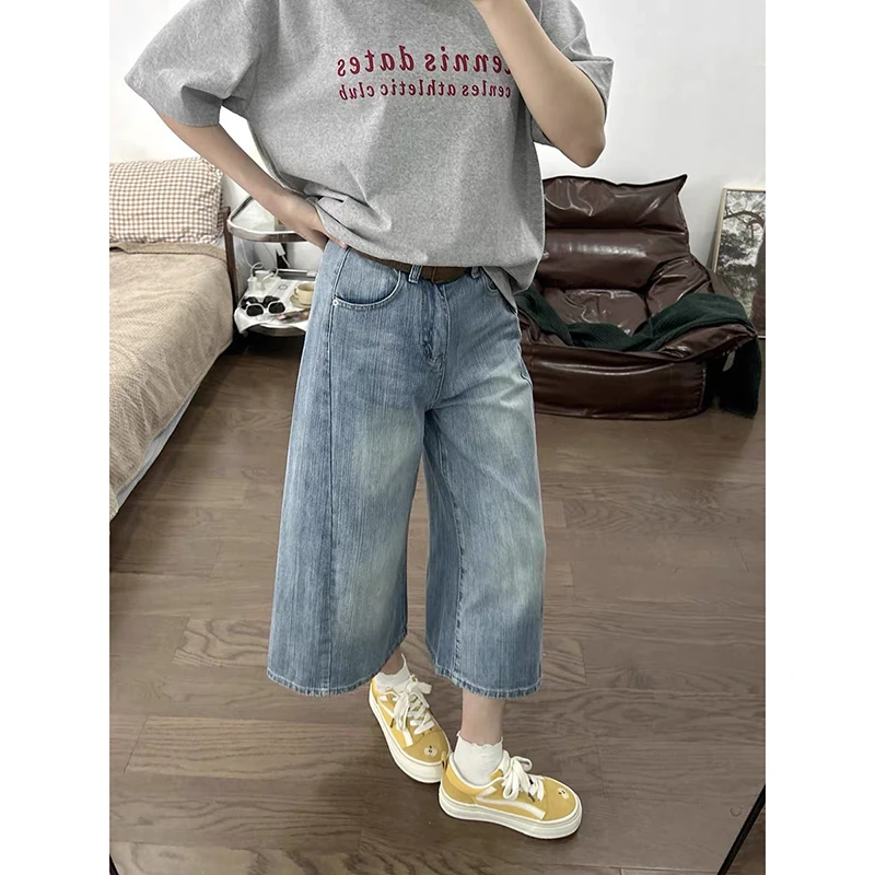 复古蓝牛仔七分裤女夏季新款水洗竹节纹宽松显瘦高腰八分直筒裤子