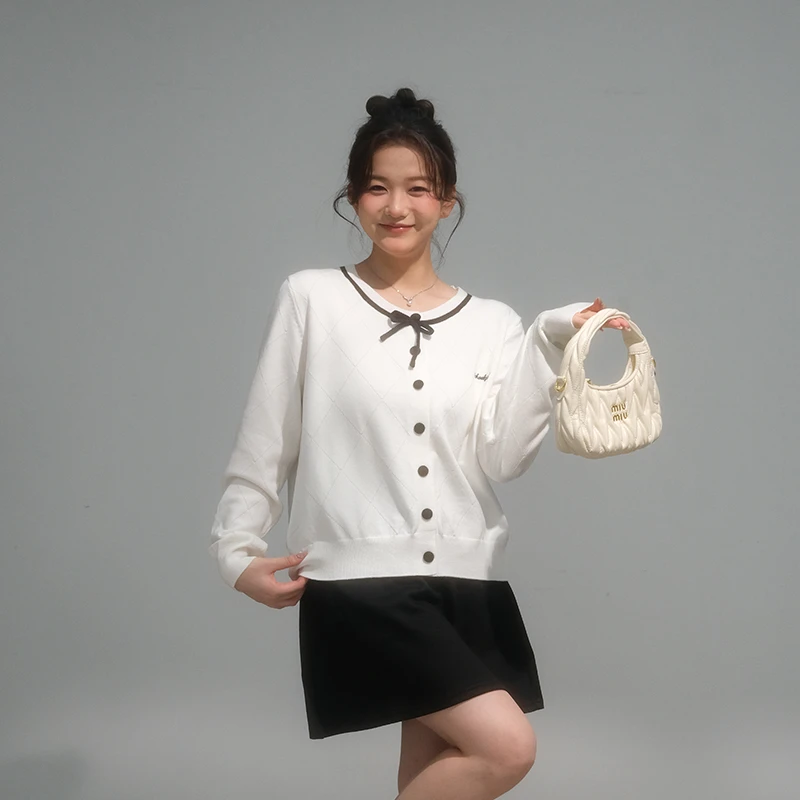 新款2025长袖时尚百搭宽松秋冬撞色菱形格开衫 5325