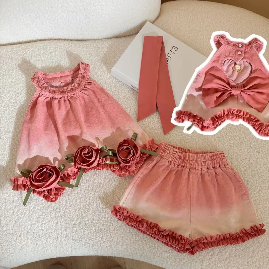 女童碎花娃娃衫短裤套装2025新款蝴蝶结露背短袖甜美飞袖上衣夏装