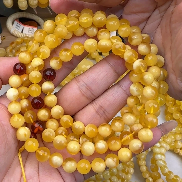 蜜蜡未镶嵌手串金白聚宝盆佛珠