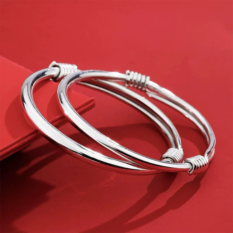 足银手镯 999.9银A05儿童小孩婴儿纯银手环推拉光面镯子