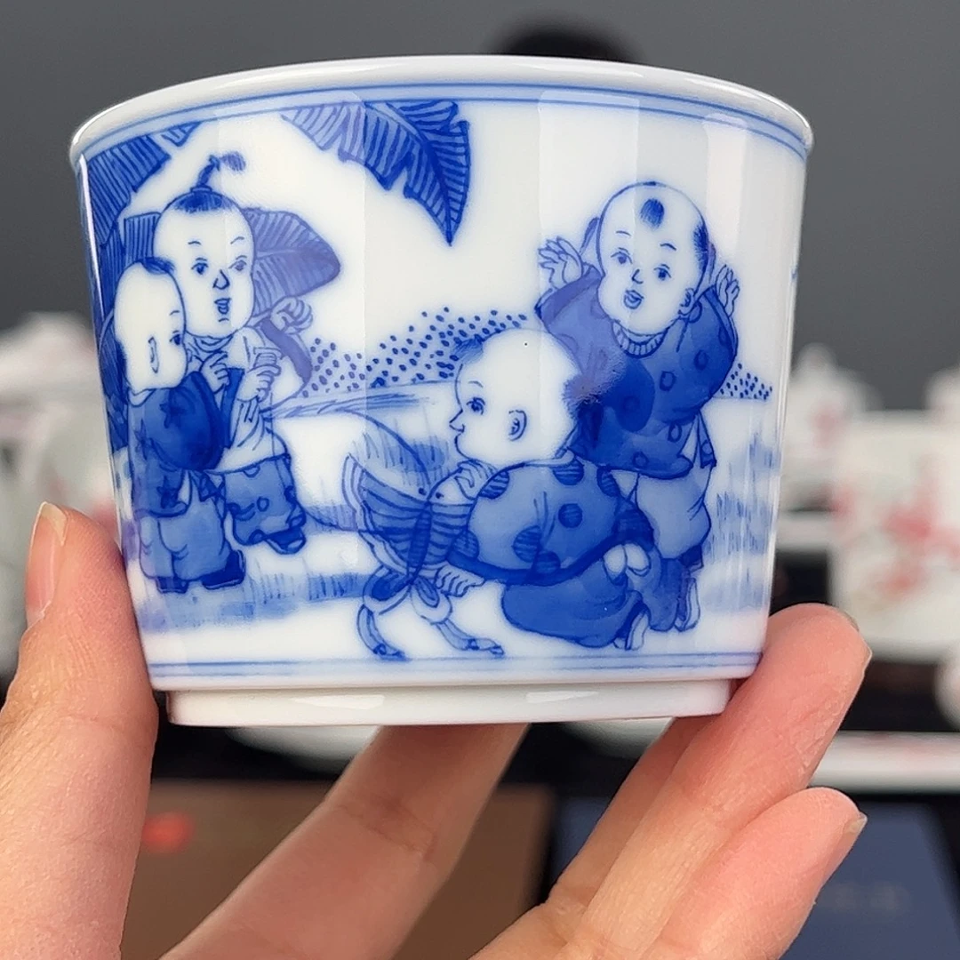 瓷柴窑 青花童趣书卷杯