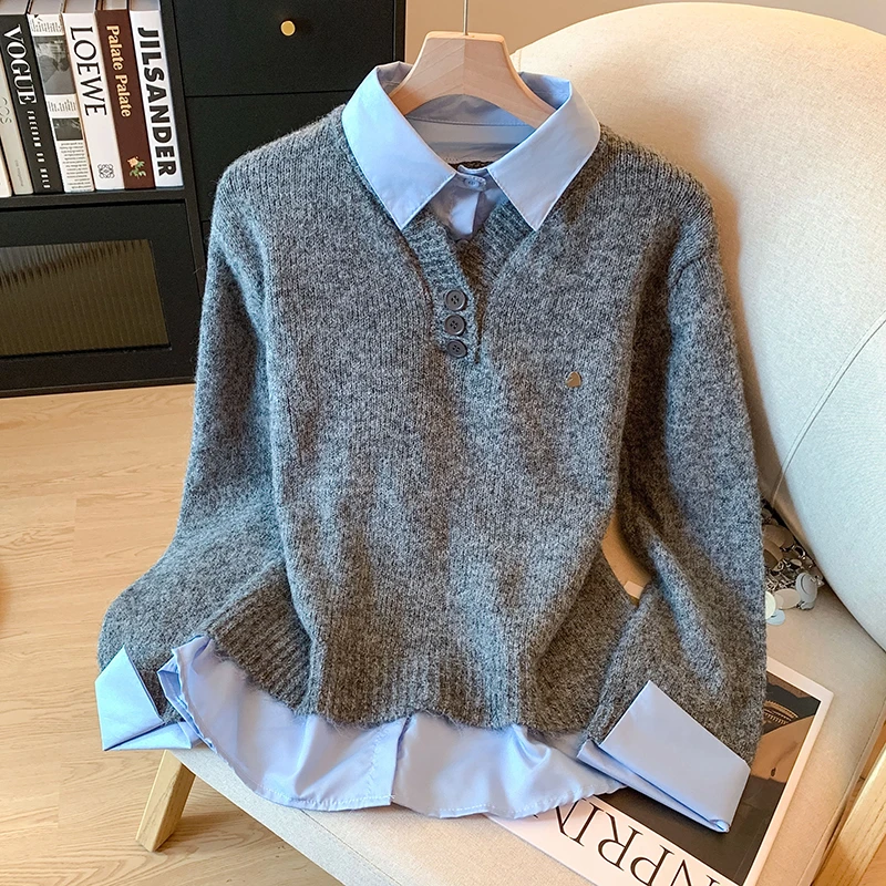 韩系Polo领假两件长袖毛衣衬衫女2025秋冬新款设计感叠穿针织上衣