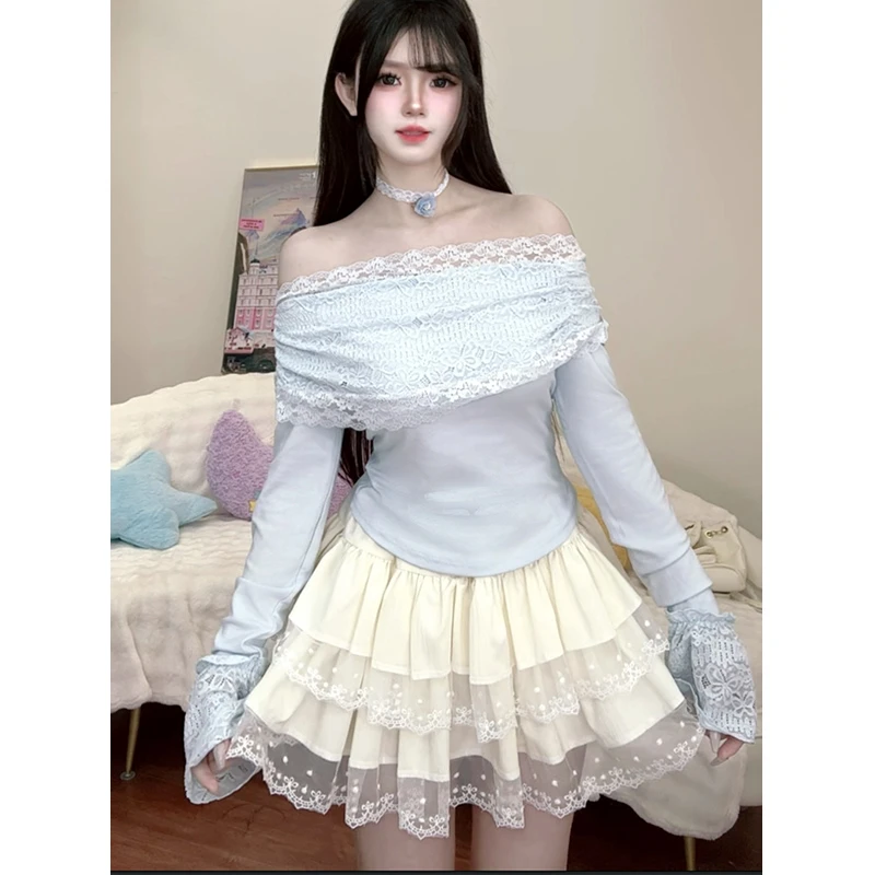 【上衣】纯欲辣妹性感显身材上衣女方领长袖t恤蕾丝打底衫内搭