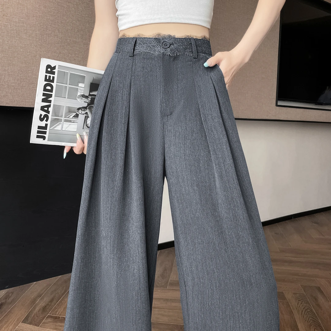 黑色设计感蕾丝拼接西装裤女2025夏季冰丝直筒高腰垂感拖地阔腿裤