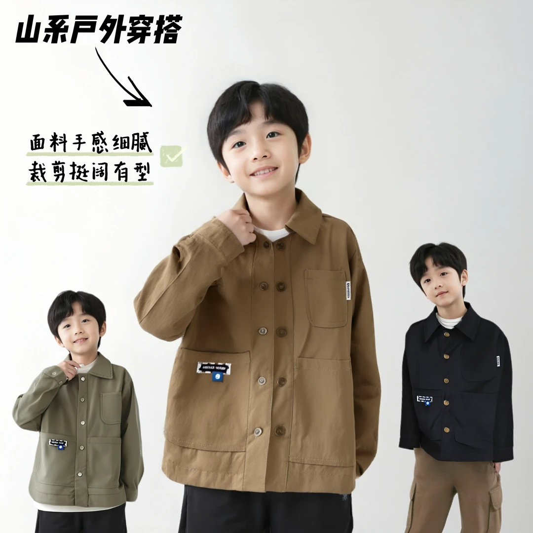 长袖纯色宽松秋款方领春秋男童男欧美风帅气童装衬衫秋季尖领