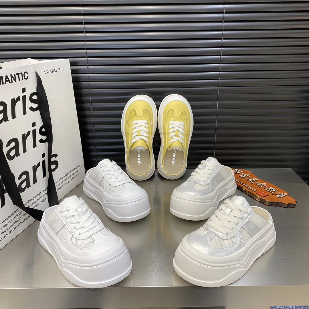 2025新款真皮厚底松糕小个子增高包头半拖鞋女透网小白鞋休闲女鞋