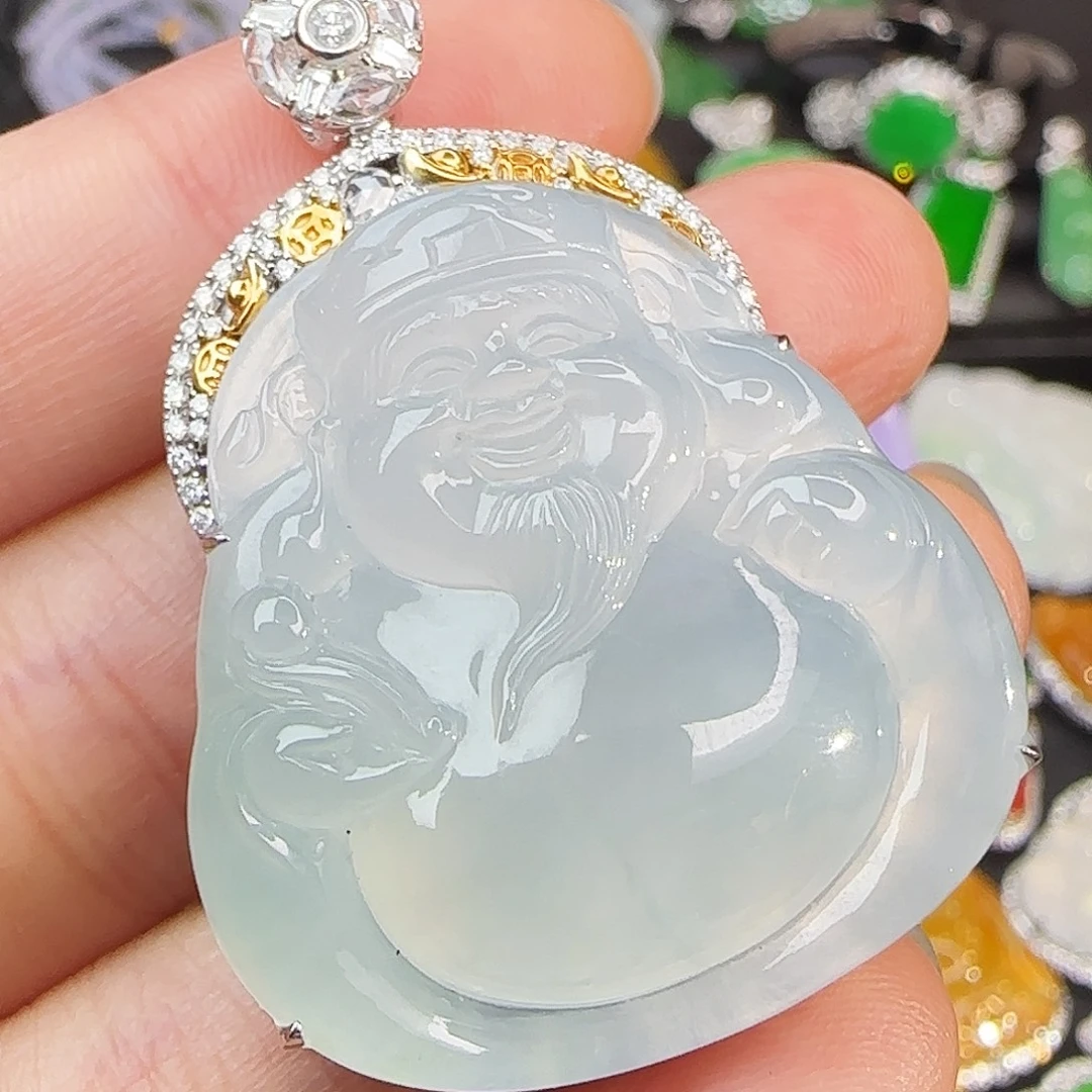 翡翠18K金镶嵌颈饰一刀切厚装财神
