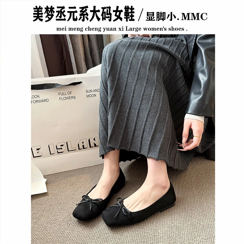 法式方头软底奶奶鞋女蝴蝶结一脚蹬平底单鞋前脚掌宽胖脚大码女鞋