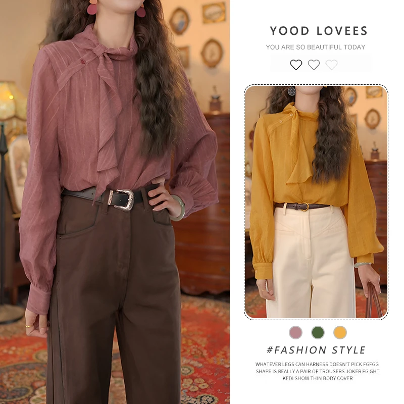 红色飘带立领条纹衬衫女士2025新款春秋复古港风减龄洋气宽松上衣