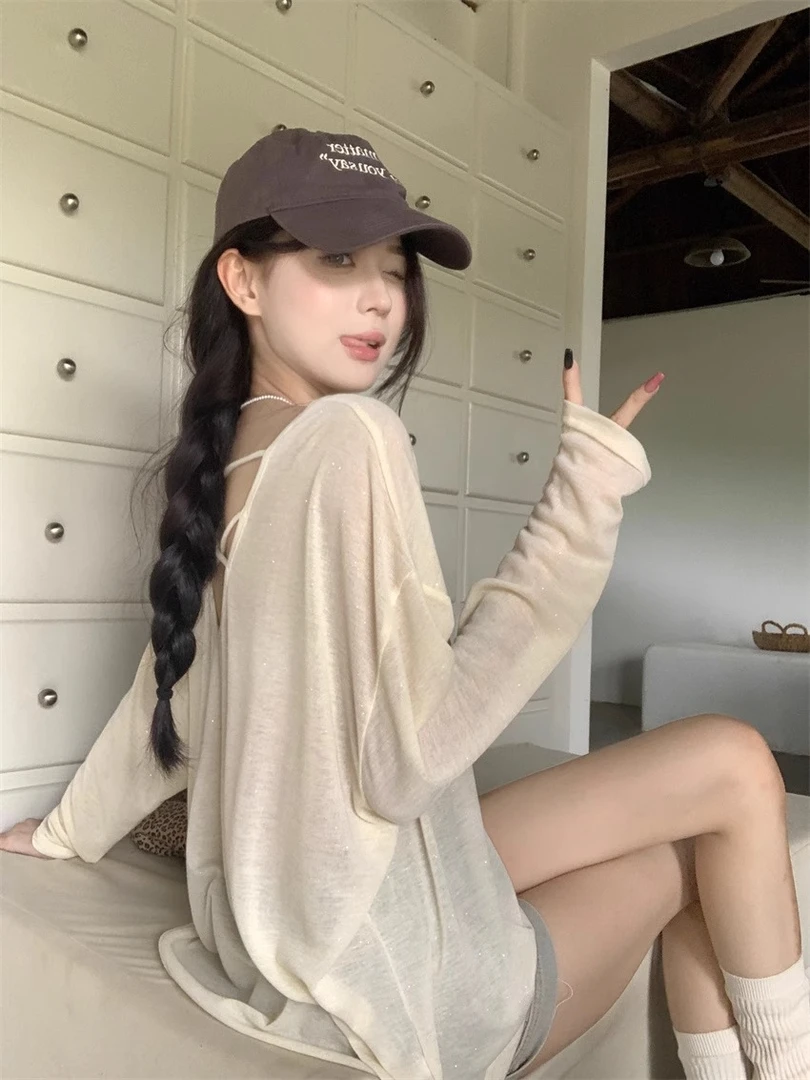 薄款露背长袖防晒T恤女春夏新款慵懒风宽松外搭空调衫罩衫上衣ins