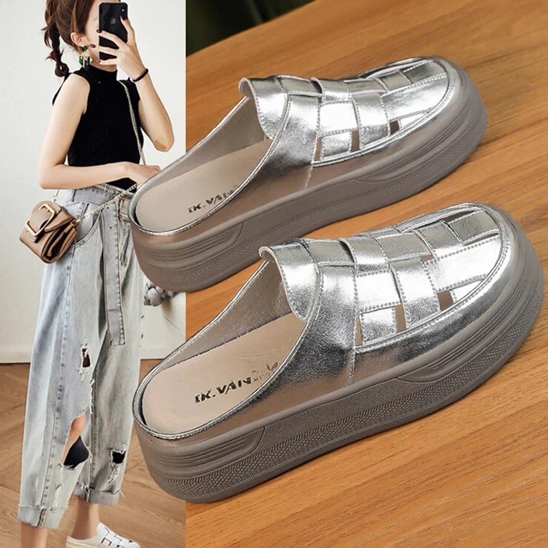 啄木鸟厚底增高包头凉拖鞋女鞋2025夏新款懒人镂空一脚蹬外穿凉鞋