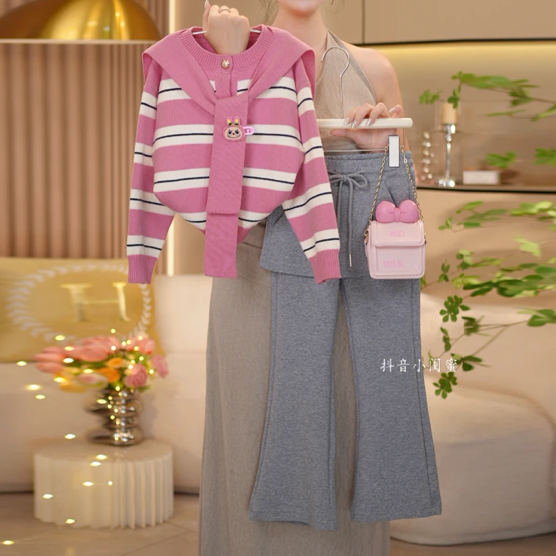 【闺蜜家】女童秋季2025新款时尚条纹毛衣外套+微喇卫裤套装-8858
