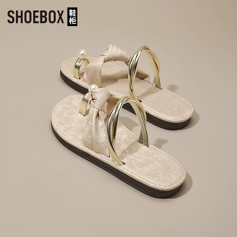 SHOEBOX鞋柜拖鞋女2025新款夏季平底法式配裙子小凉拖珍珠凉鞋