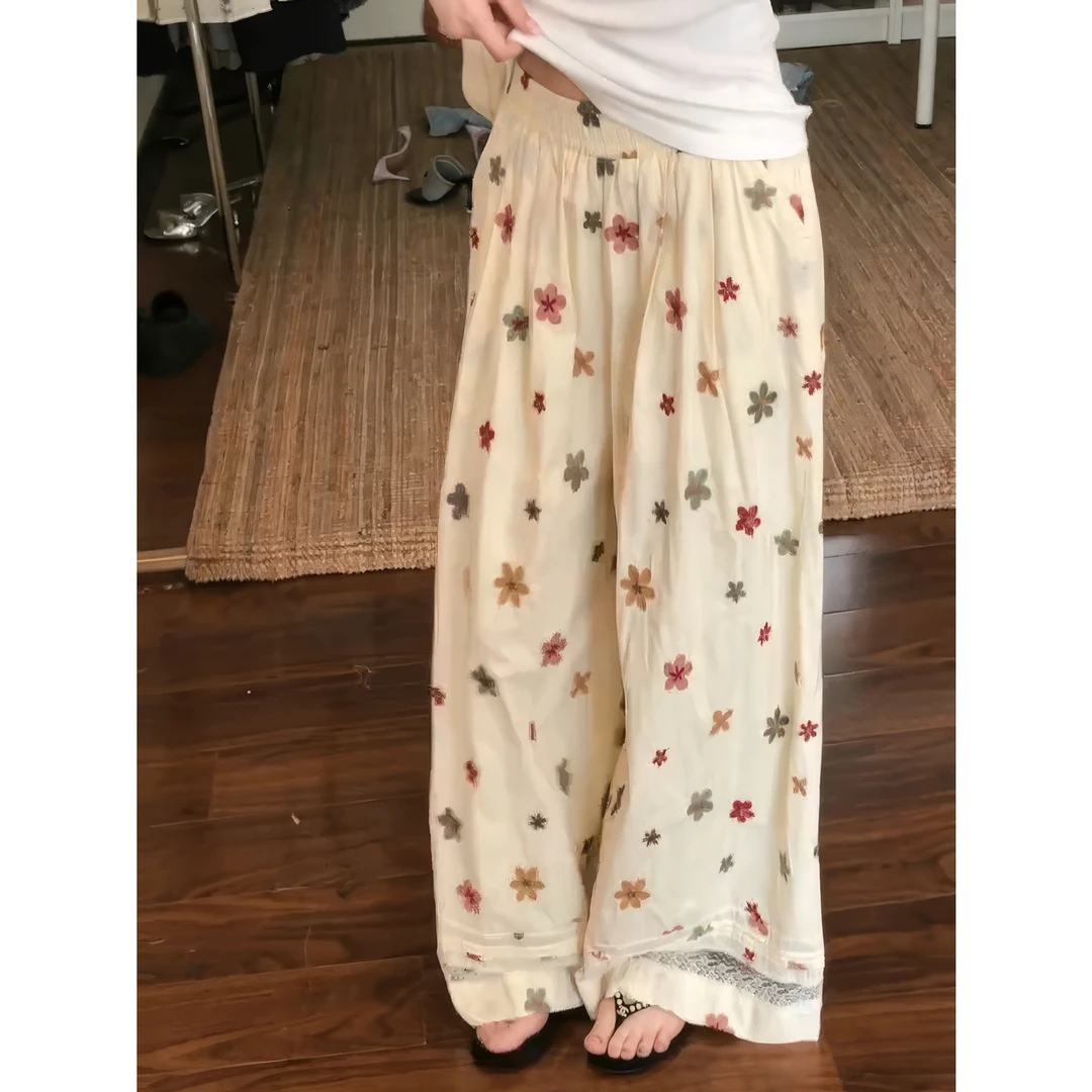 杏色刺绣花朵蕾丝拼接直筒裤女2025夏季新款设计小众小个子长裤子