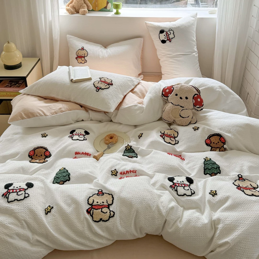 小温暖 夏日小伙伴 全棉华夫格水洗棉四件套 可爱小清新工艺款