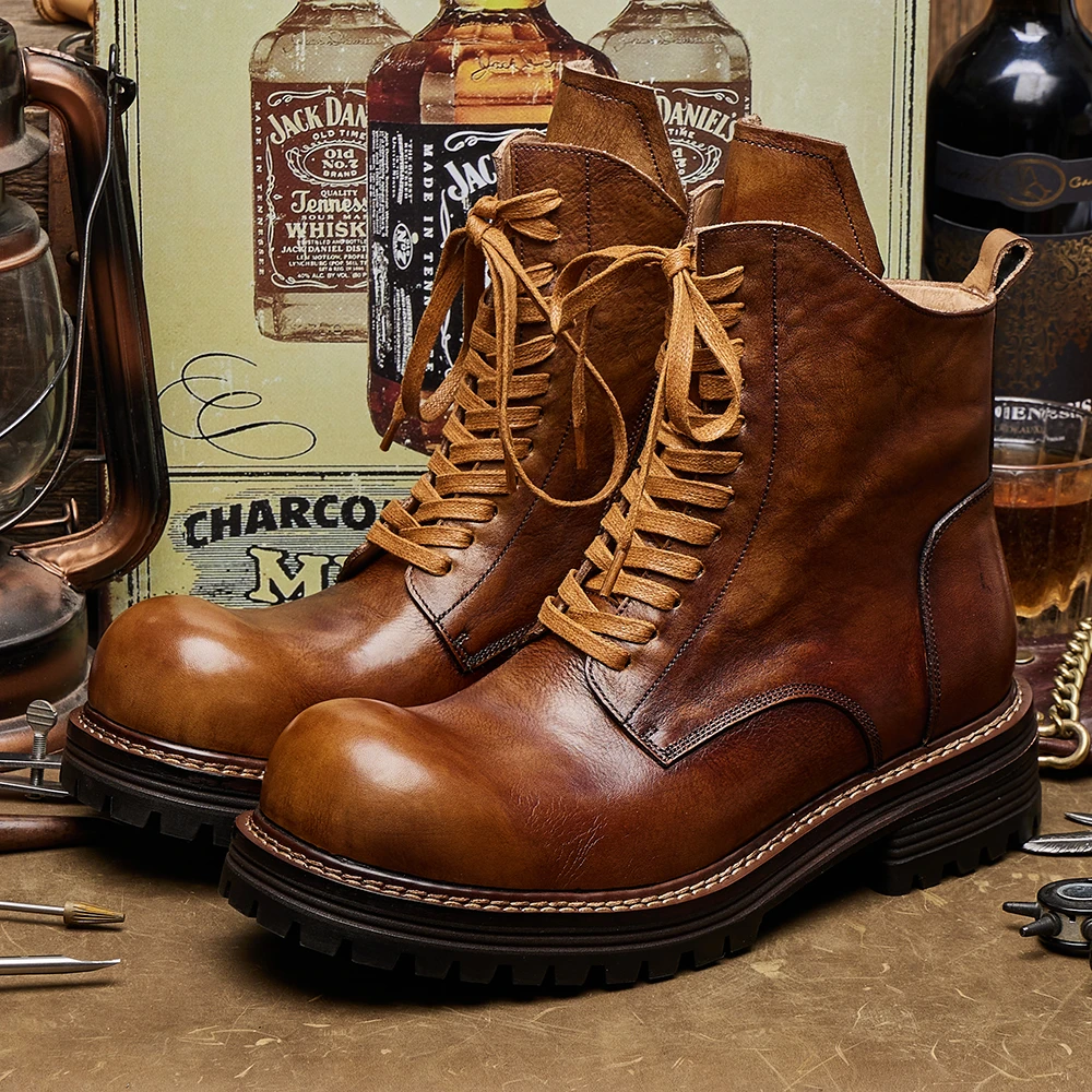 马丁靴男真皮潮男士时尚秋冬中筒机车靴高帮真皮靴工装户外靴E319