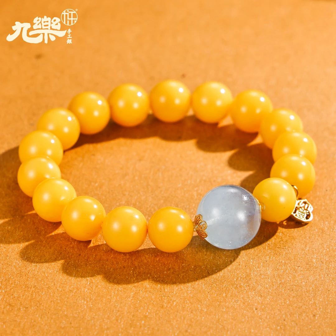 九乐老蜜蜡海蓝宝如意手串