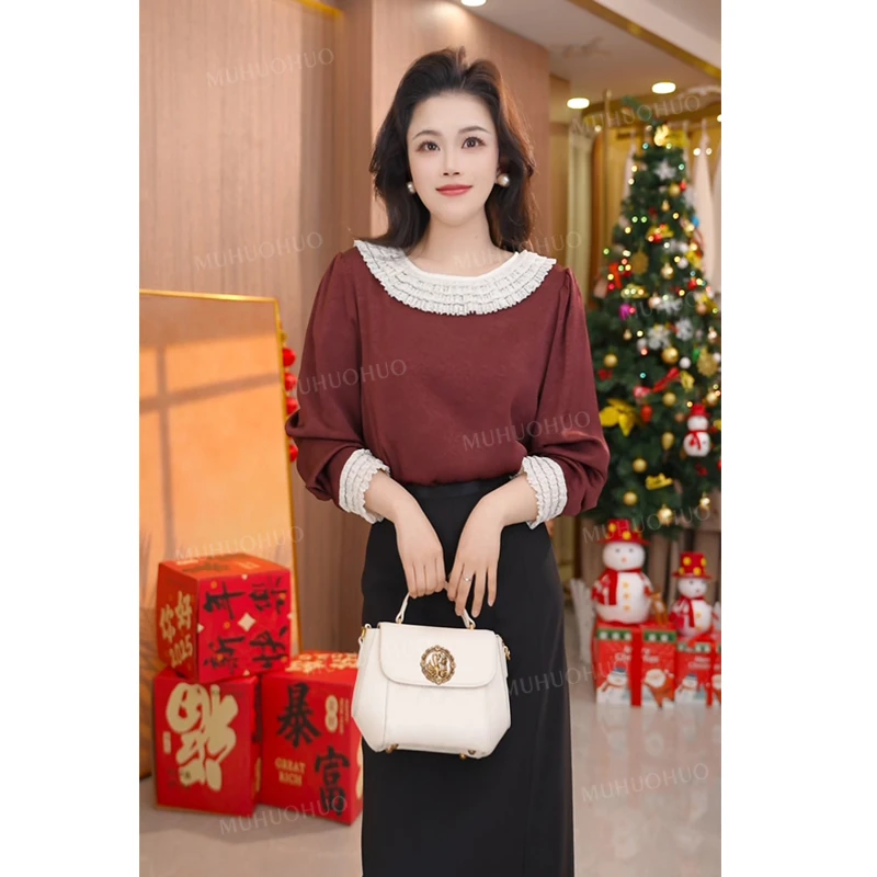 衬衫气质显瘦百搭时尚打底圆领拼接长袖洋气减龄宽松衬衣上衣