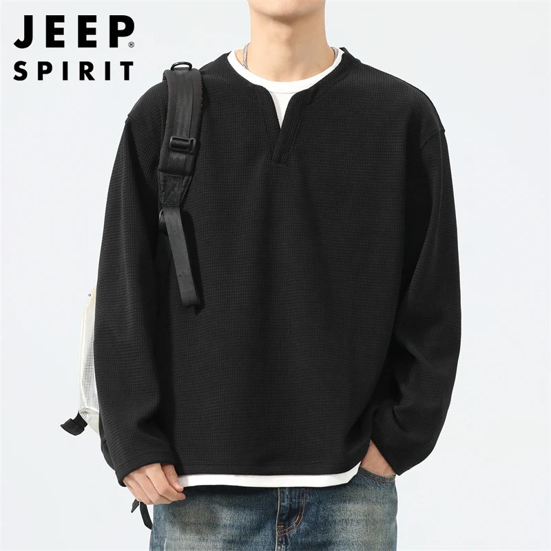 Jeep吉普假两件长袖T恤春秋季男士新款宽松百搭青年V领拼色上衣男