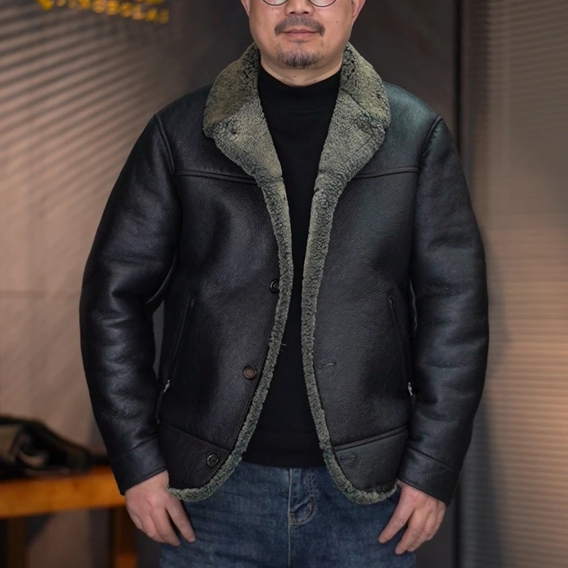 皮毛一体小西服男新款休闲时尚系扣冬季保暖复古水洗绵羊皮外套