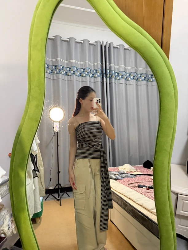 法式复古气质显瘦条纹露背绑带修身抹胸背心女夏季外穿