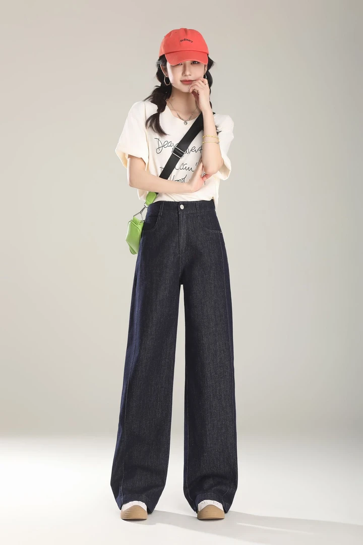 【幸运华华】518春款上新后松紧腰百搭显瘦直筒牛仔裤女