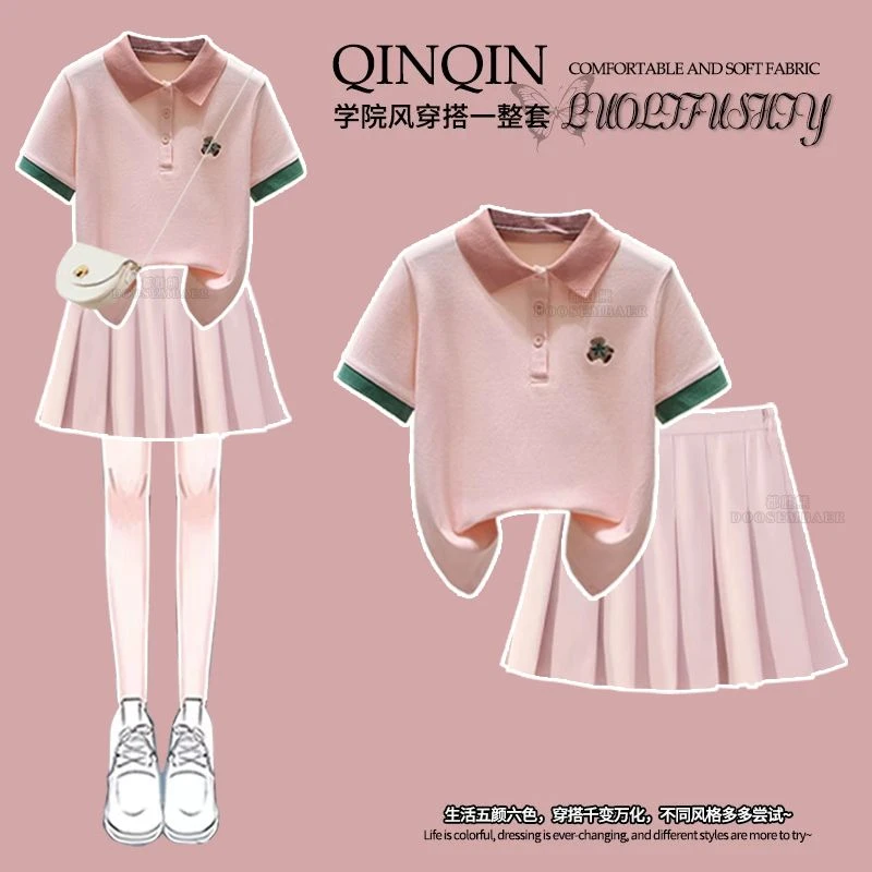 女童polo衫短袖短裙套装夏季2025新款韩版女孩学院风中大童两件套