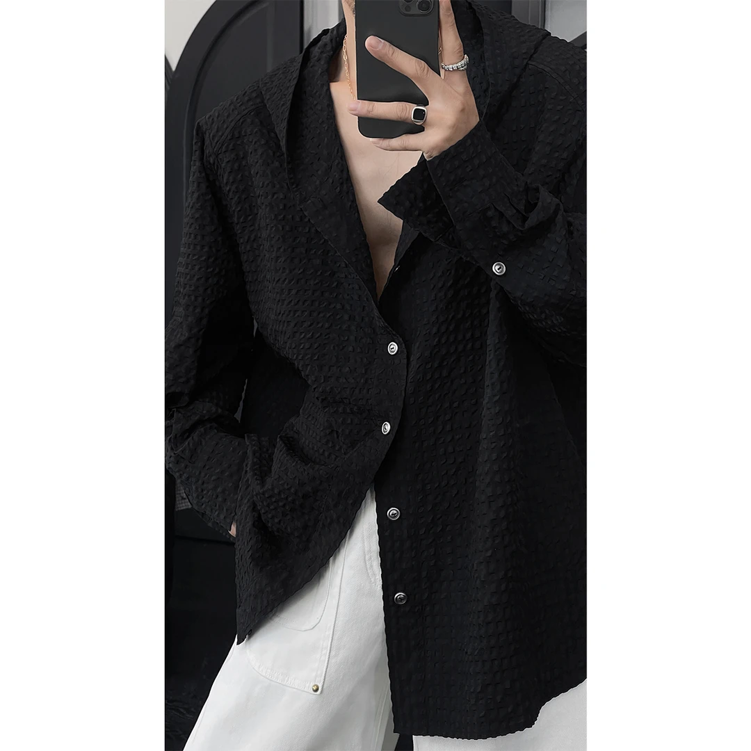 龙叨叨春季新品原创设计款连帽格子衬衫男休闲百搭宽松长袖衬衣潮