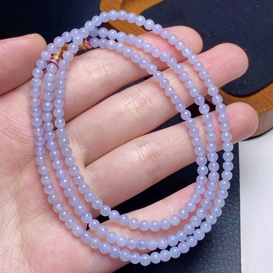 缅甸天然a货翡翠冰种紫罗兰小米珠项链卡3.5mm素圈天然粉链珠
