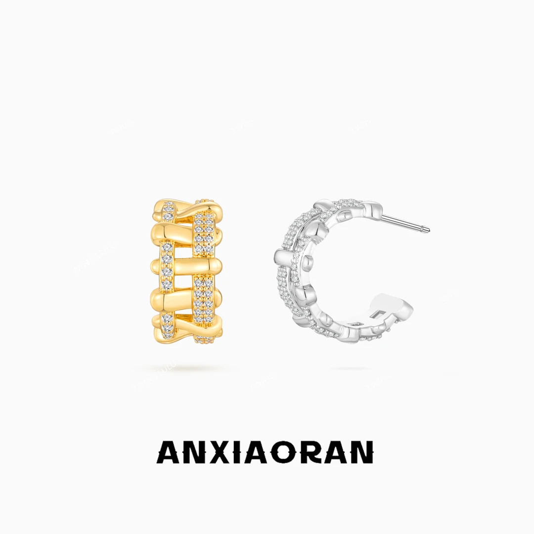 合金锆石耳饰 金色耳钉显脸小圈圈编织C形耳环女高级感轻奢小众女