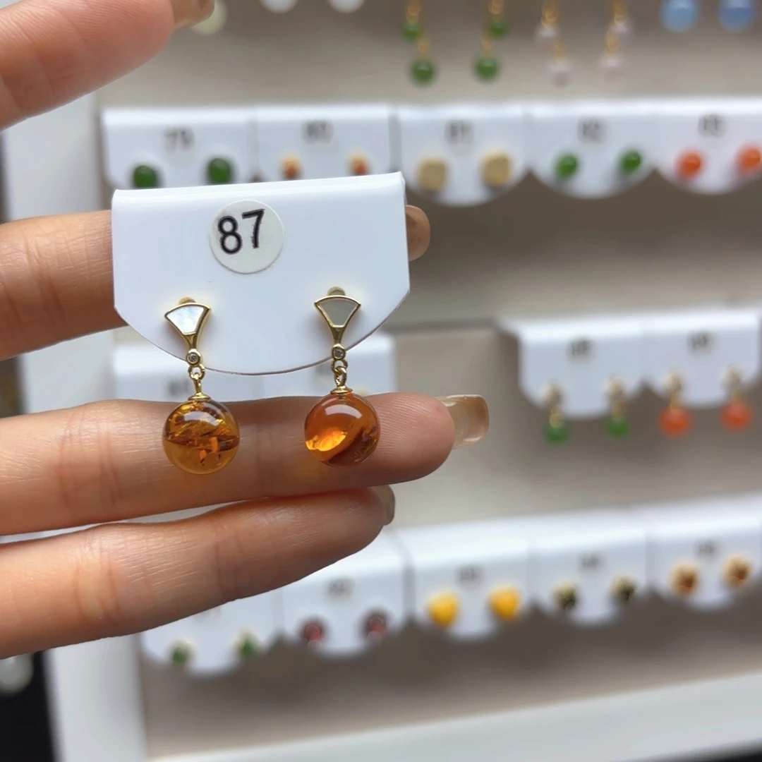 银S925镶嵌琥珀耳饰花珀