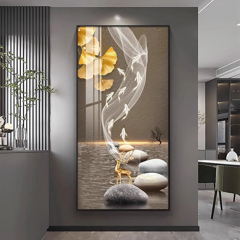新中饰时尚大气新款入户玄关客厅走廊过道竖版轻奢动物麋鹿装饰画