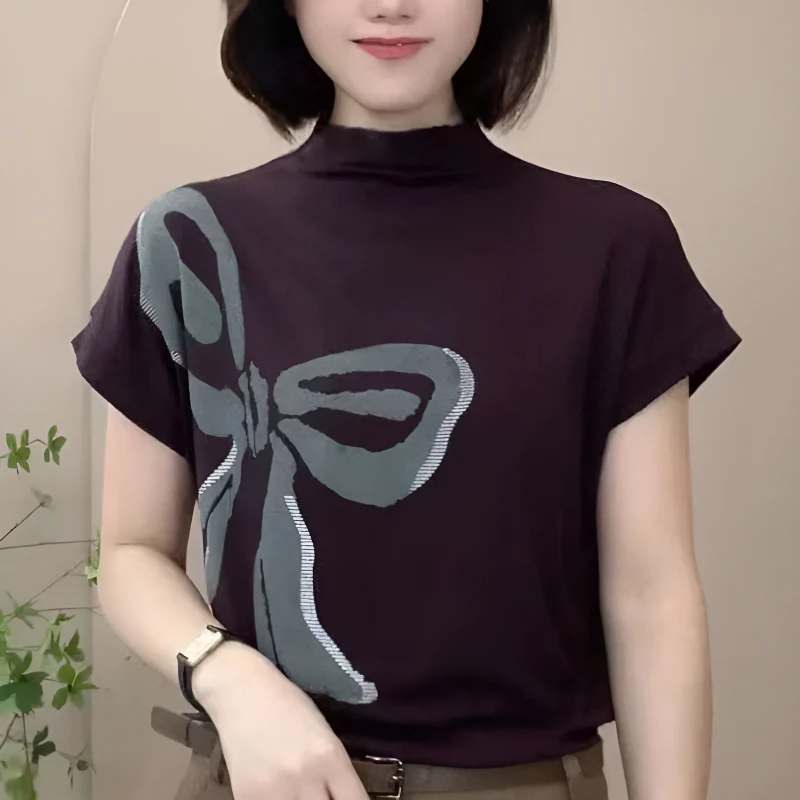 夏季新款半高领短袖T恤休闲遮肚时尚百搭印花上衣减龄显瘦