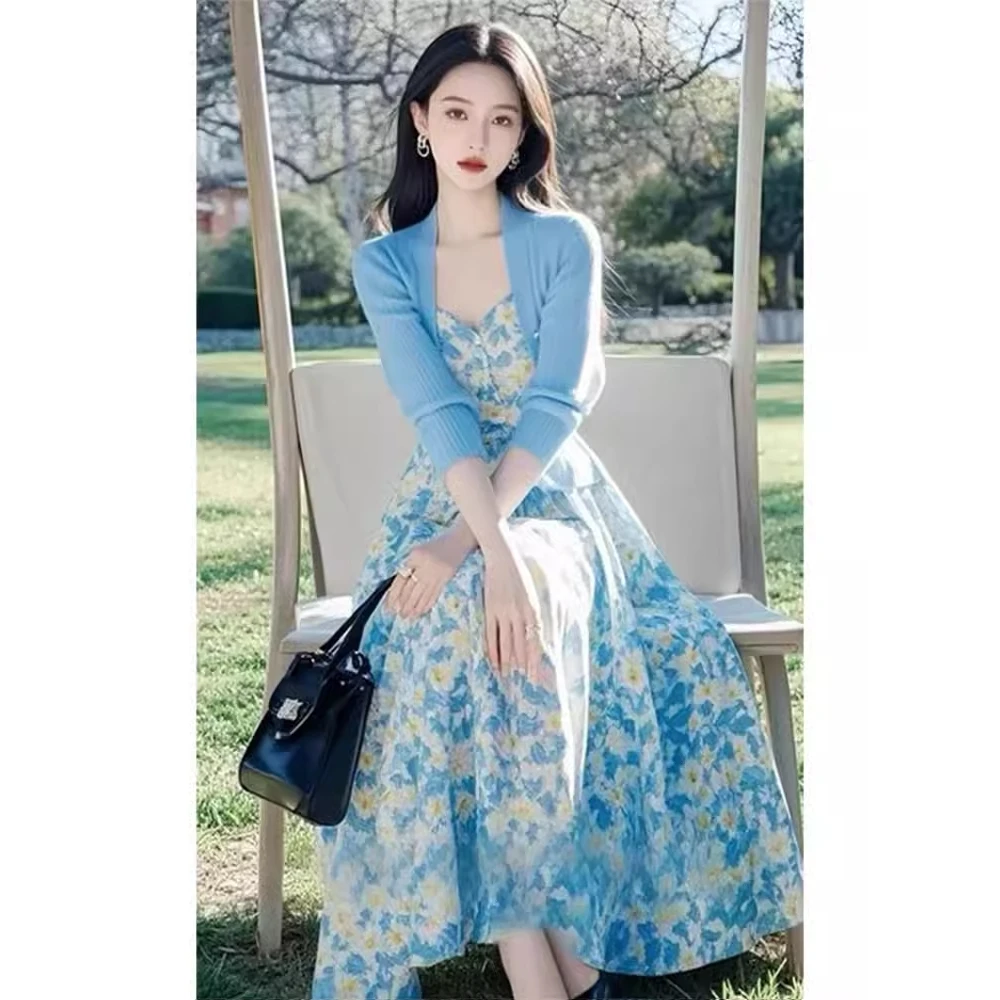 2025独特超好看漂亮小香风减龄蓝色开衫碎花吊带裙两件套装女春季