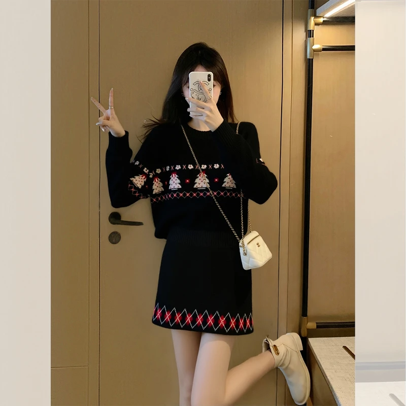 圣诞穿搭黑色提花针织一整套女装入冬韩系大方得体半身裙两件套装