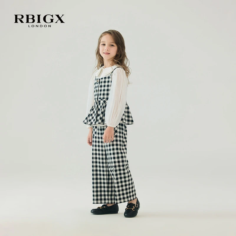 RBIGX瑞比克童装秋季新款装饰扣亮丝色织格子潮流裤子直筒裤