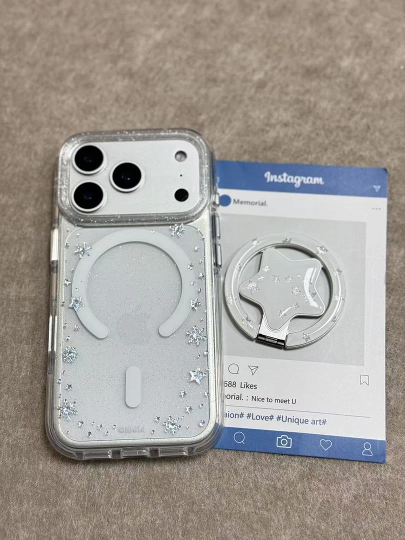 满屏细闪雪花星星银河支点气囊圆边磁吸手机壳一套